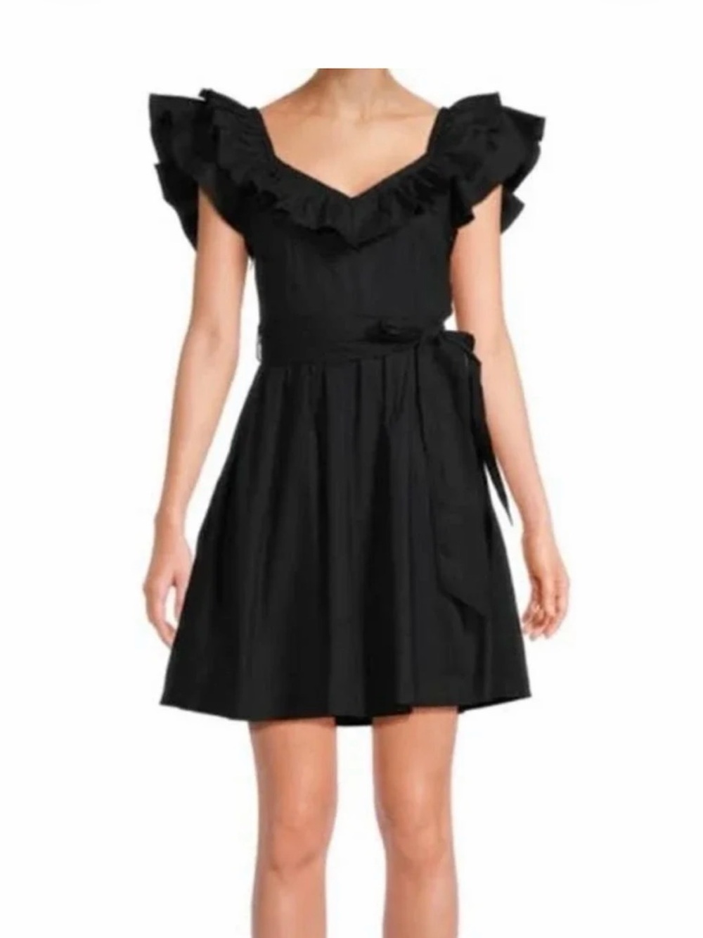 Hill House Black Ruffle V-Neck Tie-Waist Mini Dress